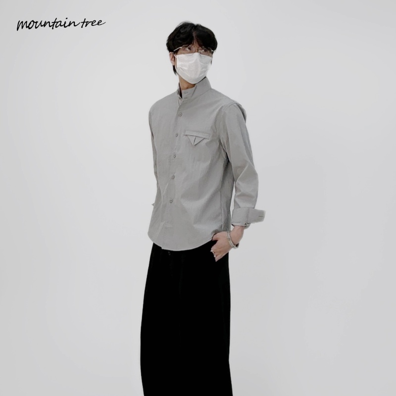 mountain tree莱赛尔纤维混纺褶皱质感立领静奢知识分子衬衫