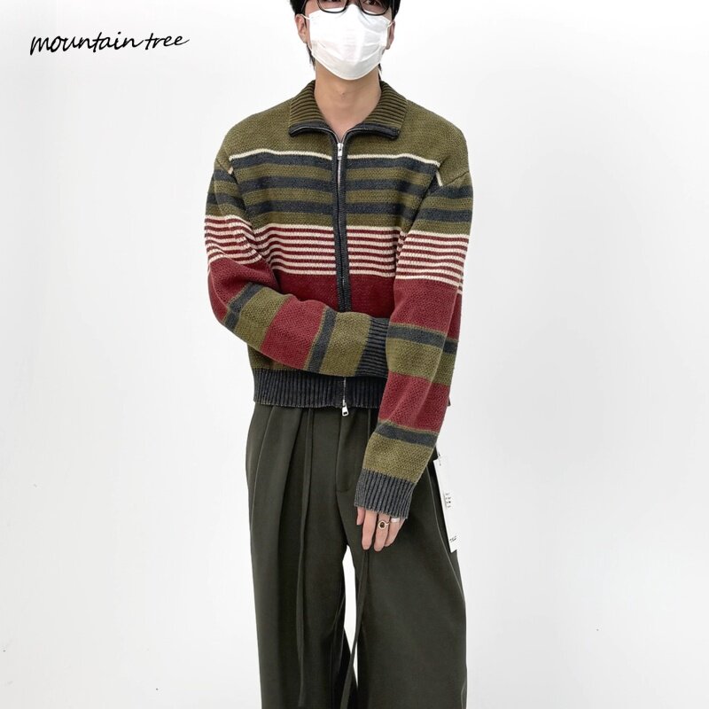 mountain tree长袖条纹拉链翻领针织毛衣针织衫休闲日系情侣复古