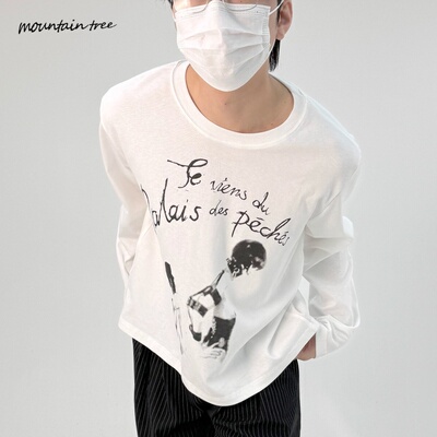 mountain tree轻亚喷脏人像竹节肌理感 自我主义长袖 摇滚插画