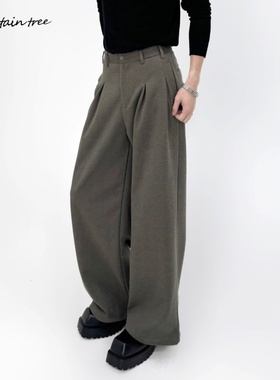 mountain tree呢料M系格纹双褶A字休闲宽松阔腿西裤通勤百搭长裤