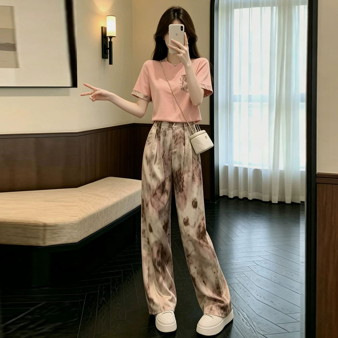 韩系超火休闲运动套装女夏减龄潮流薄款粉色短袖晕染阔腿裤两件套