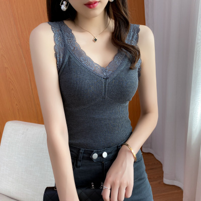 吊带背心女春夏季带胸垫蕾丝花边V领新款内搭打底衫上衣 潮