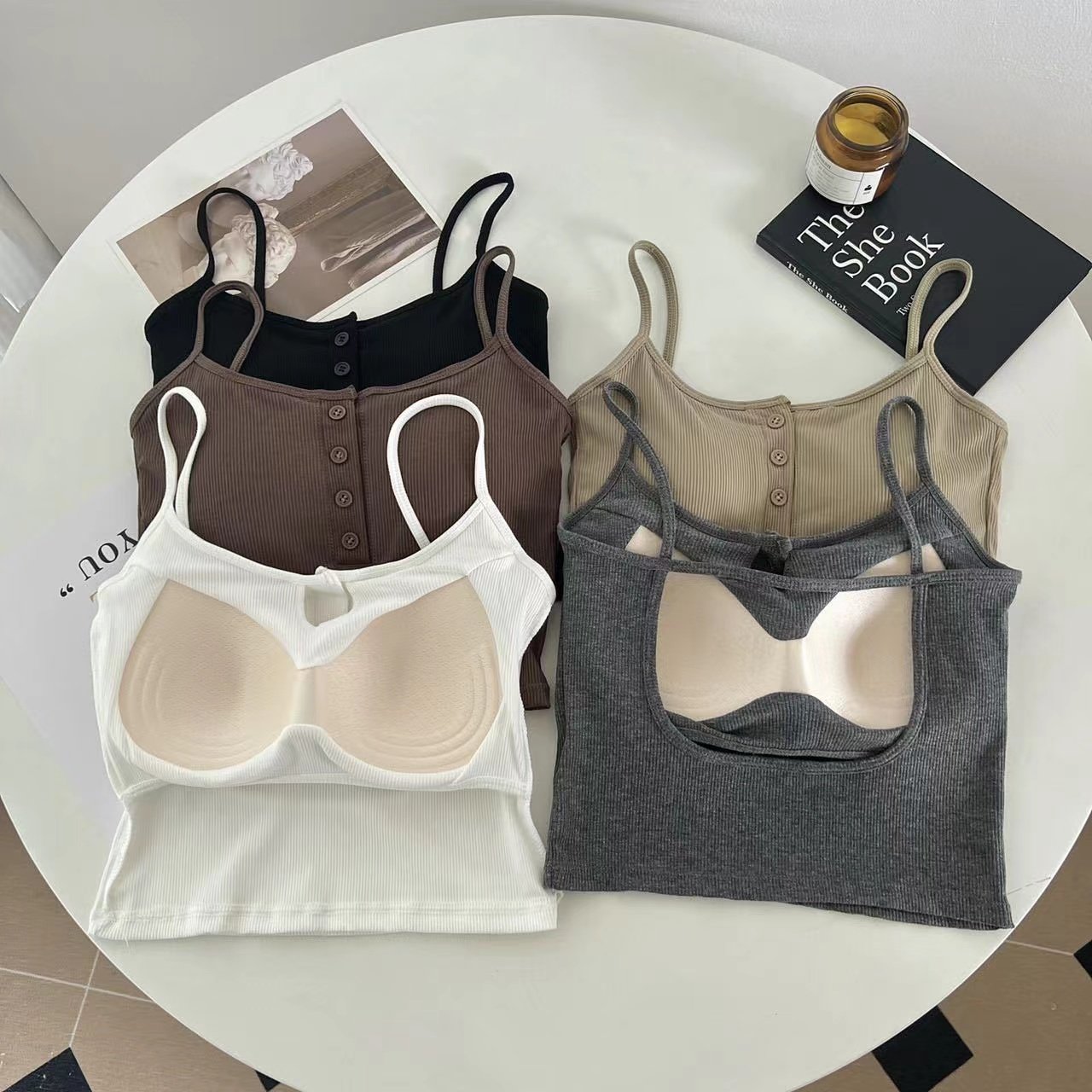 带胸垫吊带背心女固定杯文胸一体美背抹胸内搭外穿遮副乳短款上衣图片