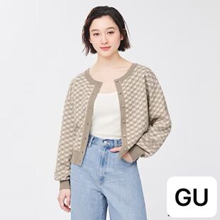 开衫 圆领千鸟格提花针织长袖 新女款 日单GU外贸原单尾货2025年秋季