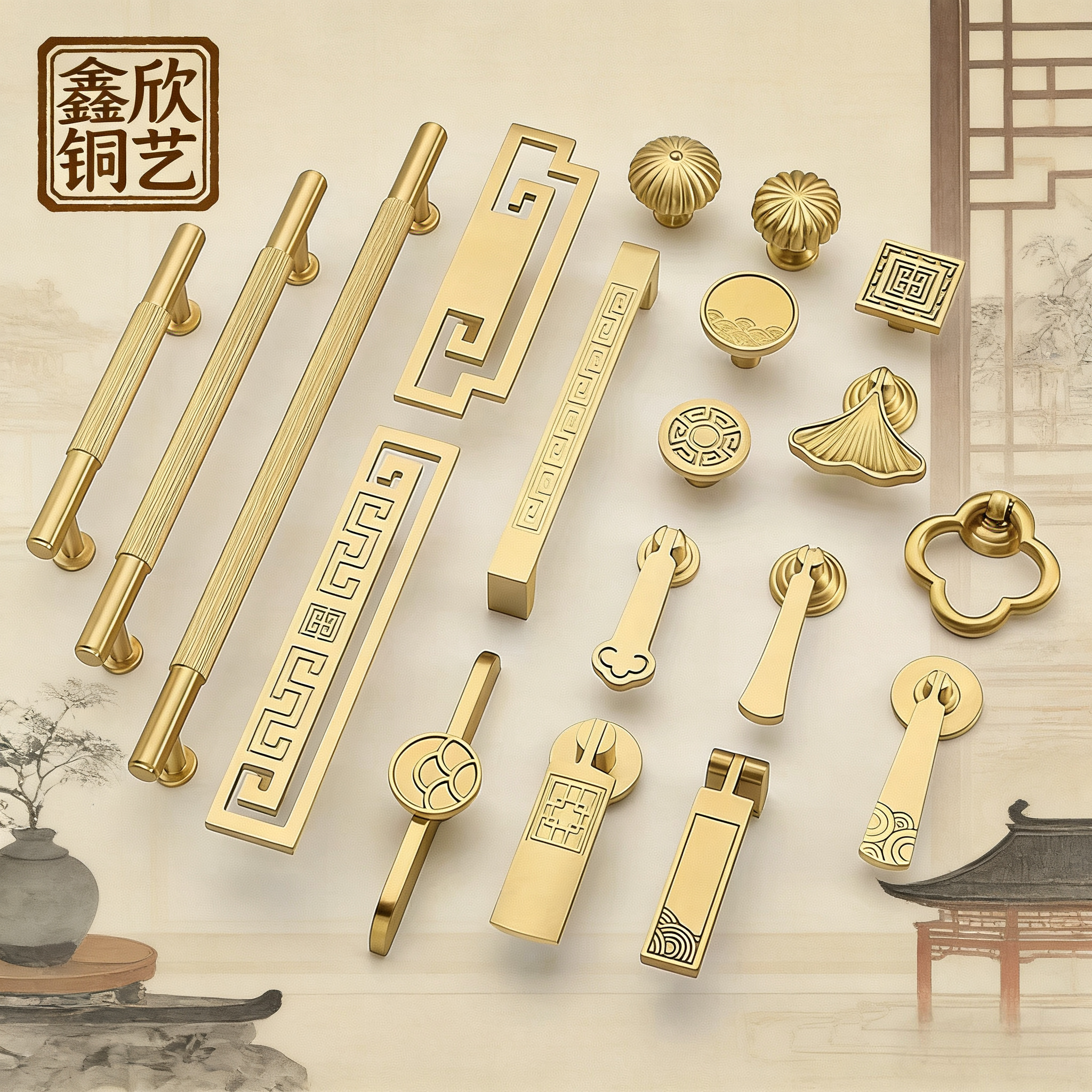 黄铜拉手单孔复古新中式衣柜橱柜门把手全铜抽屉拉手苏式阅梨风格