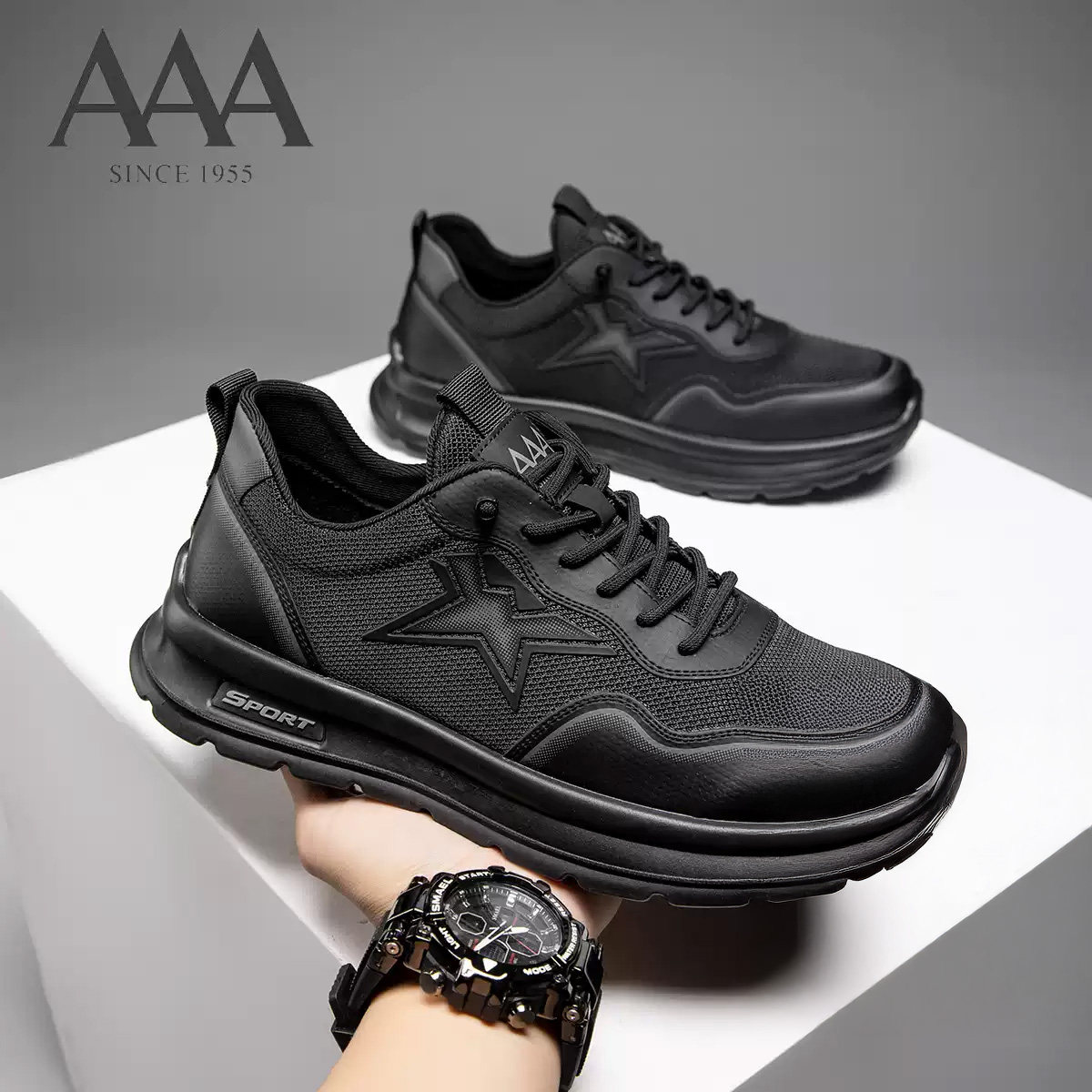 AAA正品男鞋网面透气运动鞋黑色系带休闲鞋夏季平底厚底休闲男鞋