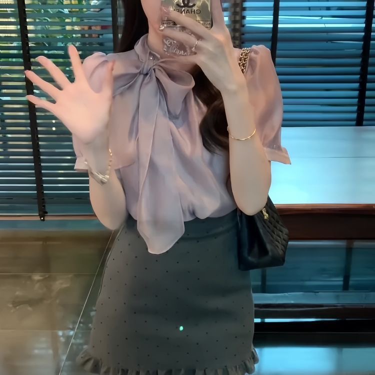 法式温柔风系带蝴蝶结短袖衬衫女2025夏季减龄气质小衫上衣绑带职