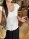 U领修身 纯欲短款 短上衣抽绳 t恤女夏季 韩系奶油甜布蕾钩花针织短袖