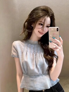 2026新款法式重工花边泡泡短袖衬衫女温柔减龄短款显瘦上衣