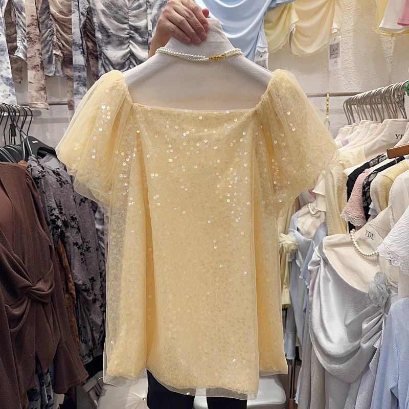 2025新款法式复古气质名媛高级感小众设计感亮片泡泡袖衬衫女上衣
