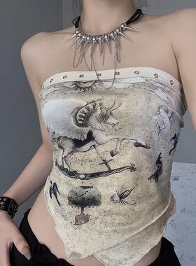 复古宫廷风名媛印花不规则抹胸女夏季收腰显瘦美背绑带性感上衣潮