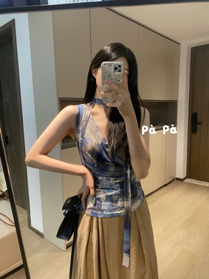 晕染画廊 油画感收褶V领网纱飘带背心休闲修身收腰无袖印花上衣女