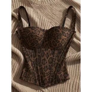 2026新款法式复古气质名媛高级感豹纹鱼骨抹胸吊带背心女夏外穿潮