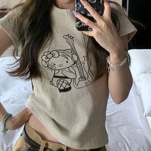 美式体恤kt猫印花正肩短袖T恤女夏季修身显瘦辣妹短款纯欲上衣ins