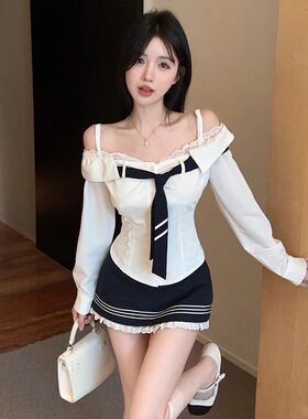 2025秋季新款纯欲长袖衬衫女设计感吊带一字肩领带衬衣辣妹上衣潮