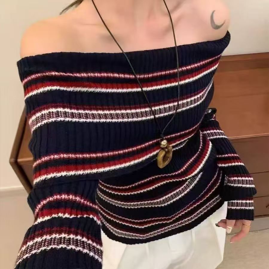 2025新法式复古气质名媛高级感小众设计感一字肩条纹针织衫上衣女