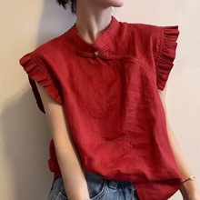飞飞袖麻料套头衬衫女2025夏季新款蕾丝拼接纯色新中式显瘦上衣潮