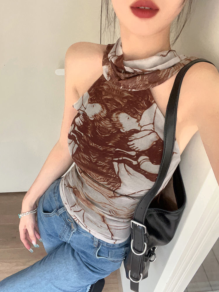 有内衬露背风辣妹印花挂脖吊带背心女夏季露背无袖紧身短上衣外穿
