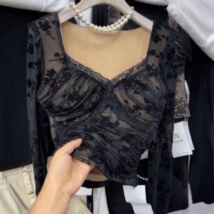 方领独特纯欲性感风V领蕾丝衫 显胸大韩系打底上衣 女秋冬新款 修身
