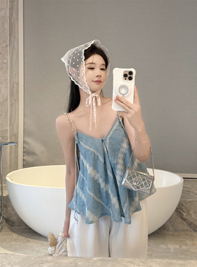 喇叭条纹重工度假风V领宽松娃娃衫不规则蓝色小吊带女外穿背心