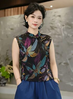 2026新款复古印花无袖背心女夏季款设计感小众新中式显瘦盘扣上衣