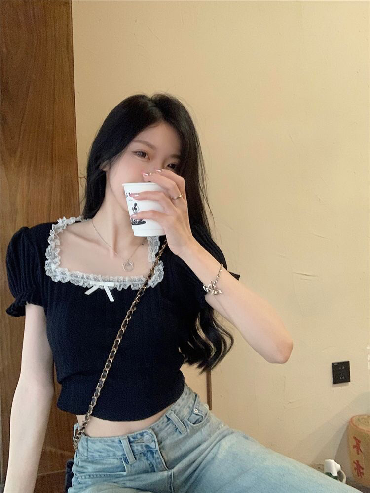 假两件黑色蝴蝶结方领短袖T恤女夏设计感小众纯欲风辣妹修身上衣