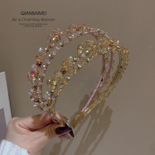 双层水晶发箍女高级感韩国新款 轻奢头箍百搭外出压头发手工头饰品