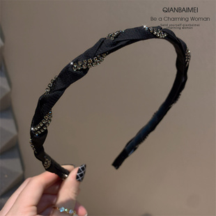 韩国细款法式黑色水钻辫子发箍女高级感压发洗脸细款头箍简约发饰