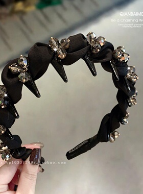 高级感水晶黑色发卡头箍前额高颅顶发箍显发量多发饰重工防滑发捆