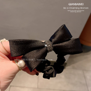 黑色蝴蝶结带钻发绳简约百搭布艺皮筋扎马尾头圈发圈女款 日常头饰