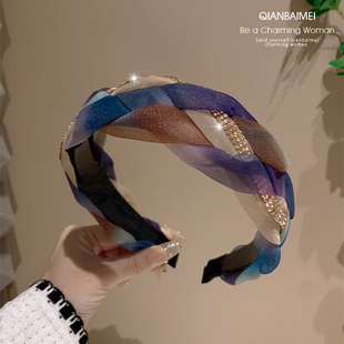 彩色拼接网纱编织发箍高颅顶压发发卡2023新款 带齿防滑气质发饰女