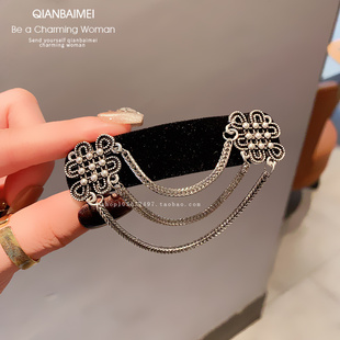 丝绒黑色流苏侧边发夹高级感珍珠链条掰掰夹复古新中式发饰刘海夹