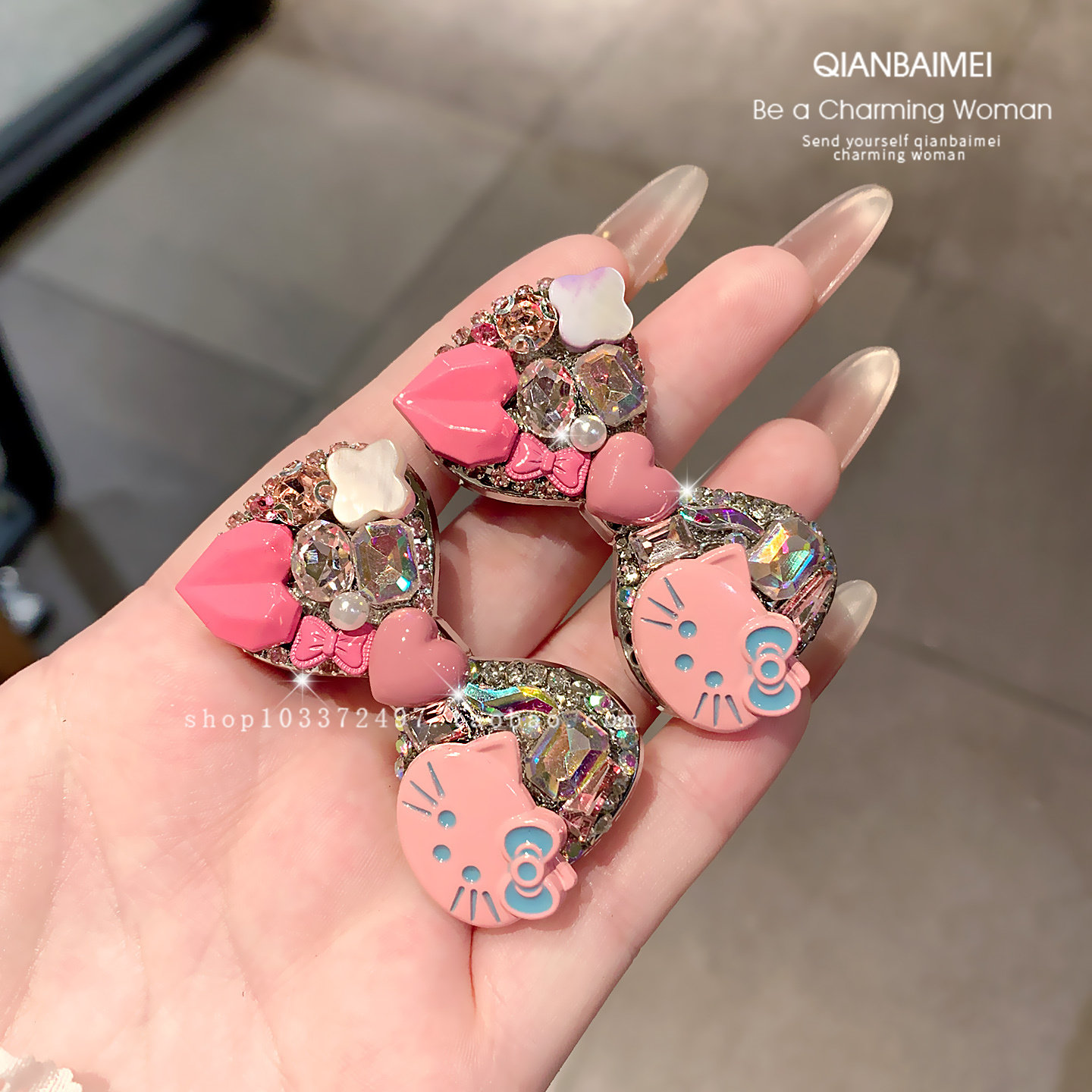 粉色甜美高端猫猫发夹女侧边夹不易掉碎发整理轻奢水晶发卡鸭嘴夹