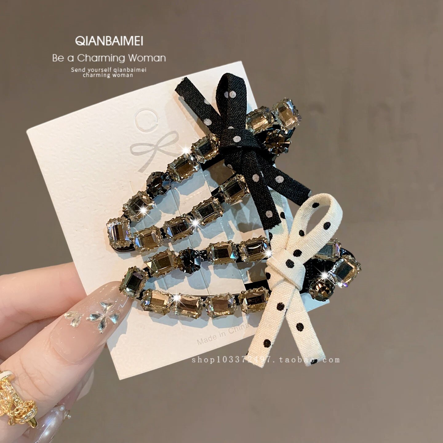 洋气时尚波点蝴蝶结水晶发夹高级感水钻边夹碎发夹刘海夹韩式发饰
