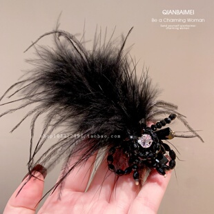 黑色羽毛发夹百搭氛围感侧边夹水晶闪钻发饰超仙气质鸭嘴夹发卡女