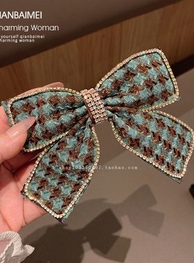 韩国新款绿色格纹蝴蝶结复古发卡夹子后脑勺弹簧夹发饰顶夹半扎发