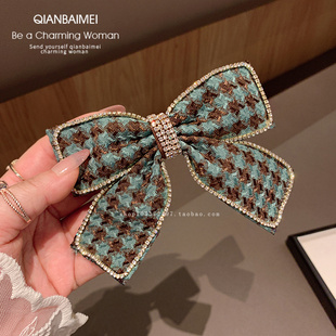 韩国新款绿色格纹蝴蝶结复古发卡夹子后脑勺弹簧夹发饰顶夹半扎发