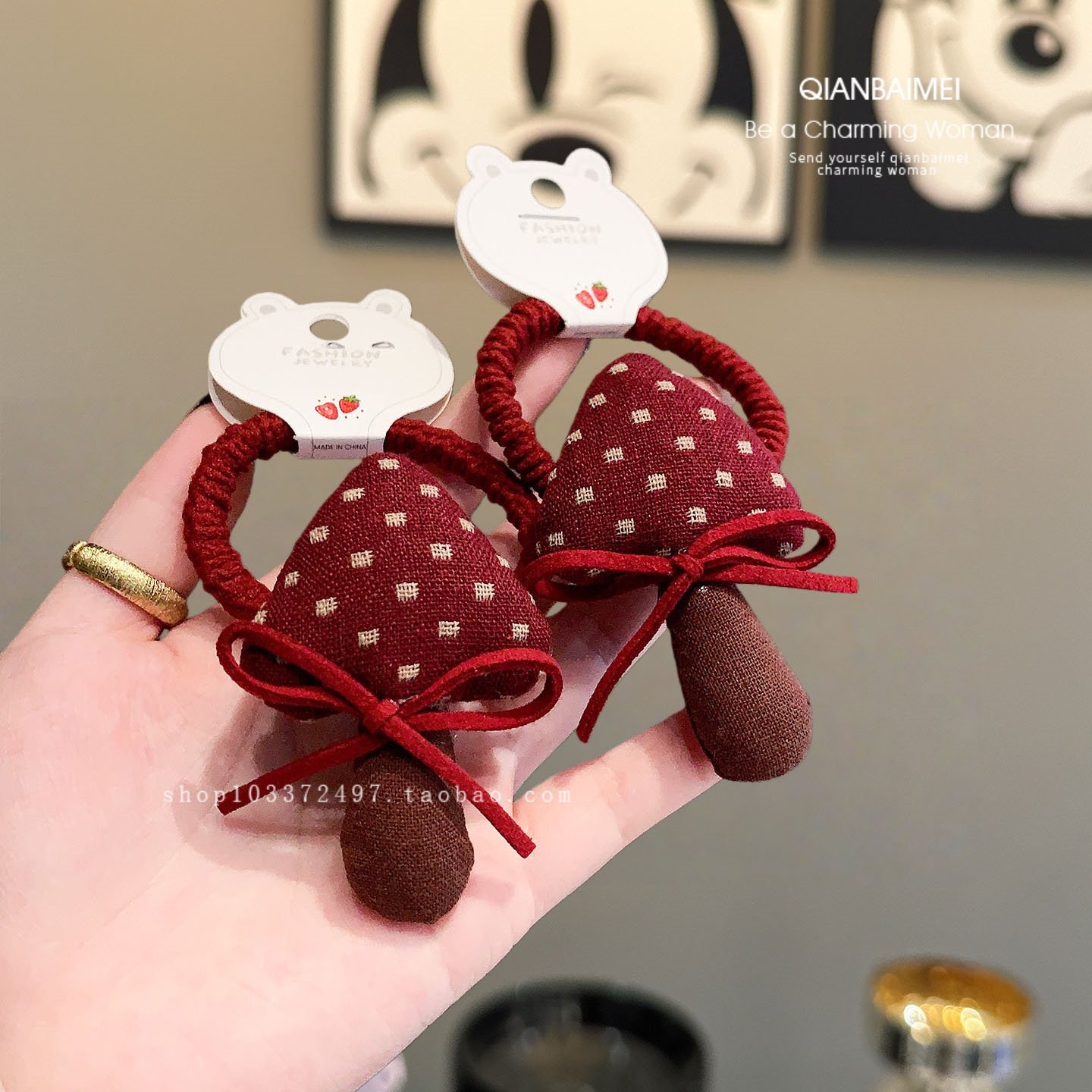 可爱布艺波点蘑菇发圈女红色蝴蝶结发绳甜美童趣头饰绑丸子头皮筋