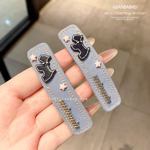 复古简约小狗发夹新款 牛仔布艺BB夹发饰少女日常刘海侧边夹甜美款