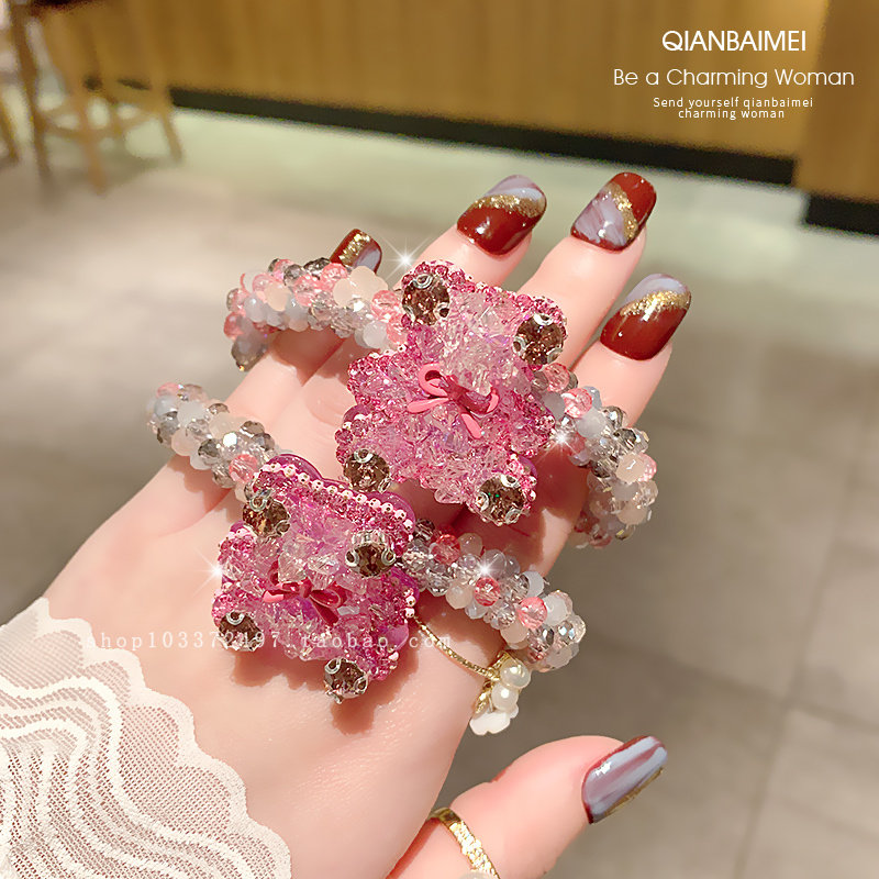 水晶粉色小熊满钻发圈后脑勺扎发图片