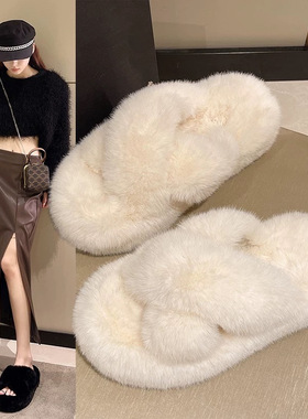 2025新款ins高级感毛毛拖鞋女外穿秋冬季网红韩版时尚家居交叉鞋