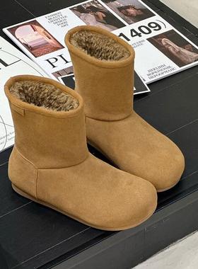 中筒雪地靴女2025冬季新款磨砂皮防滑套筒舒适内增高保暖棉鞋短靴