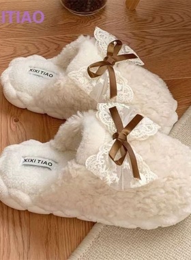冬季棉拖鞋女款学生版蝴蝶结厚底防滑保暖居家休闲百搭家庭拖鞋