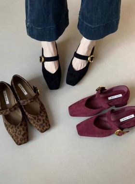 复古粗跟绒面方头单鞋女2025春秋新款加绒豹纹一字扣带玛丽珍