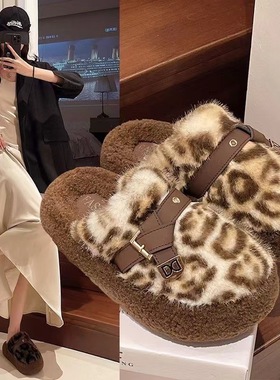 2025新款豹纹羊羔绒拖鞋女冬季外穿勃肯鞋居家室内软底踩屎感