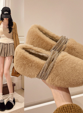 毛毛棉鞋一脚蹬女士棉拖冬季高级感水钻豆豆鞋水貂时尚室内