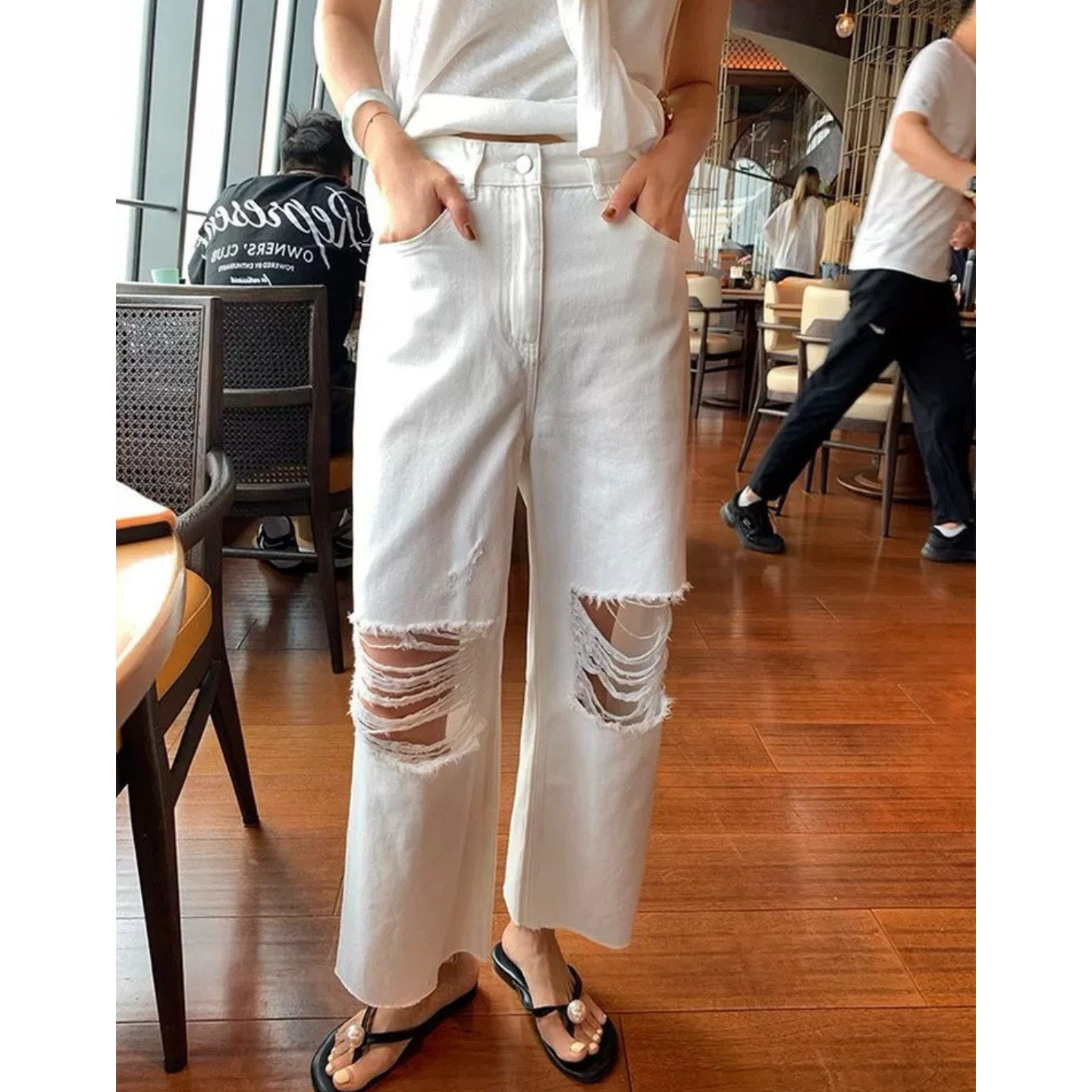 富尔大码定制女装肥妹妹mm毛边破洞白色牛仔夏高腰宽松显瘦九分裤,女装/女士精品,大码裤装,淘宝优惠券,粉丝福利购,淘宝优惠卷