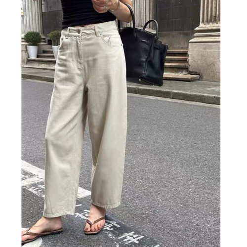 富尔大码定制女装肥妹妹mm米杏色直筒牛仔秋高腰宽松显瘦遮胯长裤