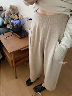 富尔大码定制女装微胖日系大口袋针织阔腿秋冬高腰宽松显瘦九分裤
