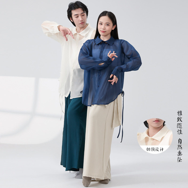 爵士舞练功服现代舞防晒衬衫男女同款翻领侧系带长袖衬衣飘逸中国